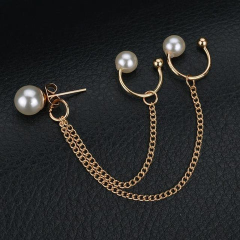 Tassel Chain Pearl Clip Earrings